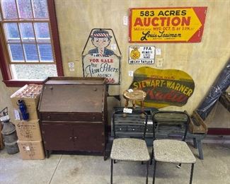 Water Bottles + Antique Desk + Antique Signs + Folding Chairs 