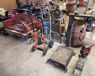Antique Scale + Antique Drill Press + Rotor Tiller + Barrel + Hamilton Caster Dolly 