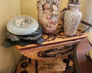 Marquetry wood inlay serving cart