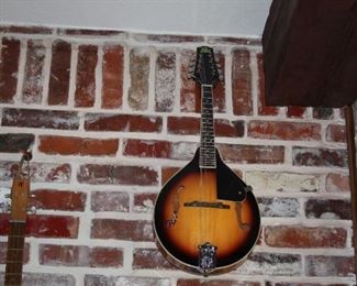 Rogue steel string guitar, Rogue mandolin, Irin banjo, electric cigar box guitar and a violin.  