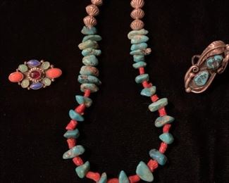 Unsigned pin, necklace and ring