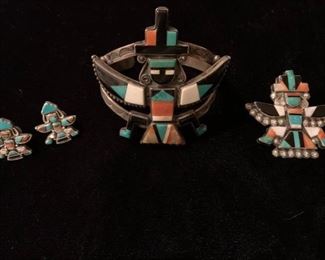 Zuni knifewing cuff, pin and earrings, unsigned, early to mid 20th C