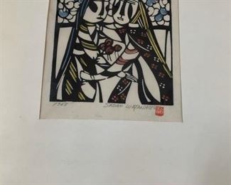 Sadao Watanabe (Japanese 1913 - 1996) 'Mary and Elizabeth' color woodblock print