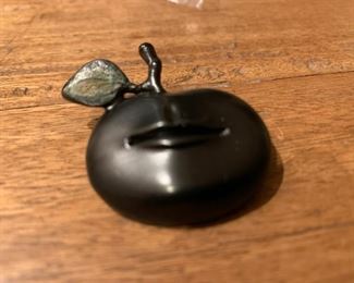 Claude Lalanne (French 1925-2019) bronze 'Apple Mouth' surrealist brooch, signed, several available;  also available Francois-Xavier Lalanne 'Mouton' brooch, 1990s patinated and enamelled brooch (not pictured), several available