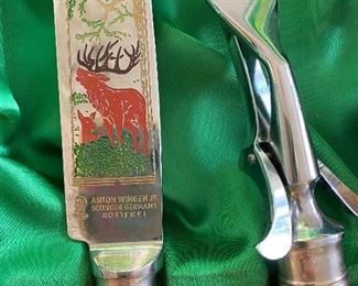 #16 - $150 Set of 15 pieces of Anton Wingen Jr. Solingen Germany horn handles carved knifes/ forks meat service. 