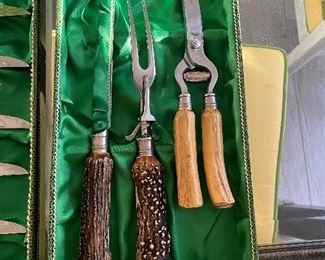 #16 - $150 Set of 15 pieces of Anton Wingen Jr. Solingen Germany horn handles carved knifes/ forks meat service. 