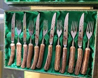 #16 - $150 Set of 15 pieces of Anton Wingen Jr. Solingen Germany horn handles carved knifes/ forks meat service. 