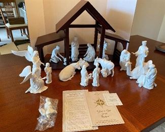 #17 - NOW $495 was $695 RARE Complete Lenox First Blessing Nativity with Cherry wooden creche and 18 figurines. + 1 in need of restoration. All come in their own boxes. Mint condition. Never used. 