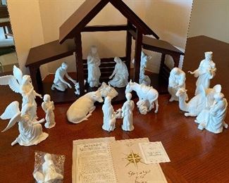 #17 - NOW $495 was$695 RARE Complete Lenox First Blessing Nativity with Cherry wooden creche and 18 figurines. + 1 in need of restoration. All come in their own boxes.Mint condition. Never used. 