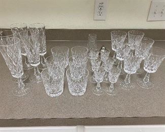 #19 - NOW $175 was  $350 Set of  Waterford crystal Kinsdale pattern set of 6 wine goblets / 6 cordials (one has tiny chip) / 6 whiskey / 5 champagne flutes + bonus salt shaker, need a seal. 