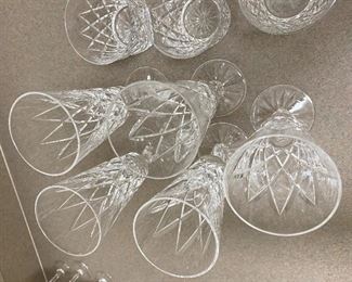 #19 - NOW $175 was $350 Set of  Waterford crystal Kinsdale pattern set of 6 wine goblets / 6 cordials / 6 whiskey / 5 champagne flutes + bonus salt shaker, need a seal. 