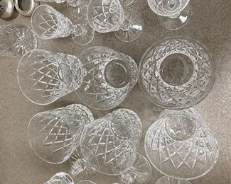 #19 - NOW $175 was $350 Set of  Waterford crystal Kinsdale pattern set of 6 wine goblets / 6 cordials / 6 whiskey / 5 champagne flutes + bonus salt shaker, need a seal. All in mint condition except 1 cordial has tiny chip on edge. 