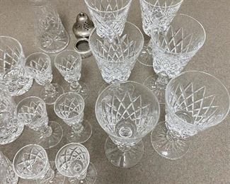 #19 - NOW $175 was $350 Set of  Waterford crystal Kinsdale pattern set of 6 wine goblets / 6 cordials / 6 whiskey / 5 champagne flutes + bonus salt shaker, need a seal. 