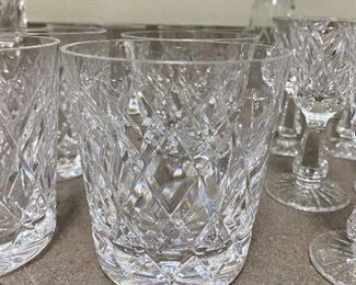 #19 -NOW $175 was $350 Set of  Waterford crystal Kinsdale pattern set of 6 wine goblets / 6 cordials / 6 whiskey / 5 champagne flutes + bonus salt shaker, need a seal. 