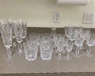 #19 -NOW $175 was $350 Set of  Waterford crystal Kinsdale pattern set of 6 wine goblets / 6 cordials / 6 whiskey / 5 champagne flutes + bonus salt shaker, need a seal. 