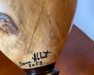 #28 - $60 - San Fransisco wood carved Bruce Abbott 2013 Buck eye wood carved vase 