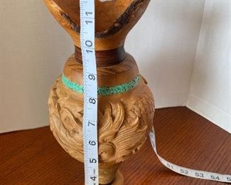 #29 - $60 - San Fransisco wood carved Bruce Abbott 2010 Buck eye wood carved vase with turquoise 