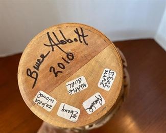 #29 - $60 - San Fransisco wood carved Bruce Abbott 2010 Buck eye wood carved vase with turquoise 