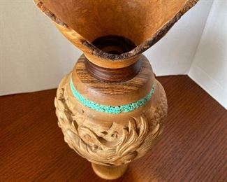 #29 - $60 - San Fransisco wood carved Bruce Abbott 2010 Buck eye wood carved vase with turquoise 