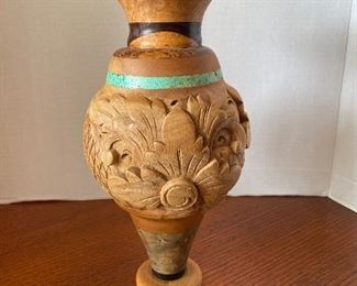 #29 - $60 - San Fransisco wood carved Bruce Abbott 2010 Buck eye wood carved vase with turquoise 