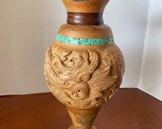 #29 - $60 - San Fransisco wood carved Bruce Abbott 2010 Buck eye wood carved vase with turquoise 