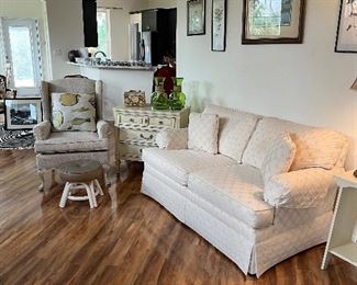 White sofa in excellent condition, wing back chair