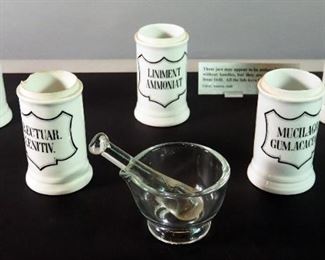 Austrian Apothecary Jars No Lids, Qty 5, Approx. 6" Tall, Circa. 1640, And Glass Mortar And Pestle