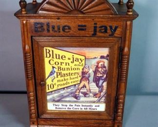 Tin Faced Cabinet, "Blue Jay Corn And Bunion" 21" x 14" x 9"

