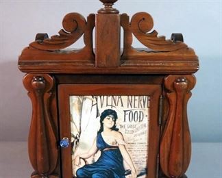 Tin Faced "Avena Nerve Food", Carved Wood Cabinet, Circa 1900, 21.75" x 16.25" x 13.25"