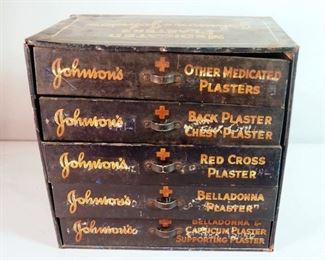 Metal Johnson & Johnson 5 Drawer Medicated Plasters Cabinet, Circa. Mid 1900s, 13.75" x 14.5" x 9"
