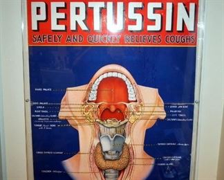 Cardboard Sign Under Plexi Glass "Pertussin" Cough Relief, Circa. Early 1900s, 45" x 30"