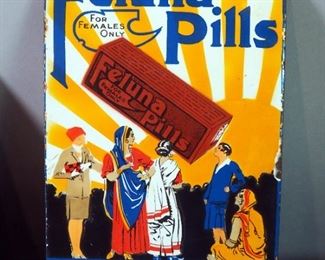 Vintage Acrylic Ex-Lax Sign, 10" x 15", And Enameled Metal Feluna Pills Sign, 14" x 10", Total Qty 2 Signs