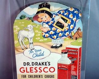 Cardboard Sign Under Plexi Glass "Dr. Drake's Glessco Cough Medicine", 23" x 17.5"