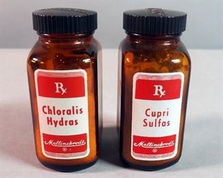 Amber Mallinckrodt RX Bottles, 4.75" Tall Qty. 7, In Order From Calamina To Dextrosum