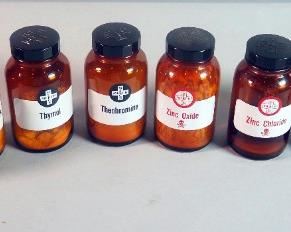 Merck Medicine Bottles, 4.75" Tall, Qty 7 Bottles, In Order From Theobromine To Zinc Sulfate