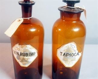 Reverse Glass Label 13" Amber Apothecary Jars With Stoppers, Qty 2, Includes, Vin.Rub.Imp And Tapioca