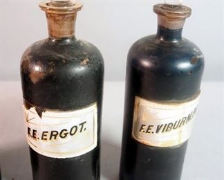 Reverse Glass Label Apothecary Bottles With Stoppers, 9" Tall, Qty 4, Including, F.E.Ergot., F.E.Pruni.V, F.E.Sars.Co, And F.E.Viburn.Pr