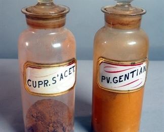 Reverse Glass Label Apothecary Jars With Stoppers, Approx. 10.5", Qty 2, Includes, Cupr.S'Acet And Pv.Gentian