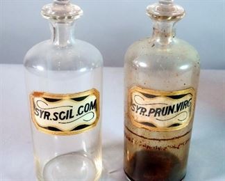 Reverse Glass Label Apothecary Jars With Stoppers, Approx. 10.5", Qty 2, Includes, Syr.Prun.Virg And Syr.Scil.Com