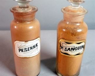 Reverse Glass Label Apothecary Jars With Stoppers, Approx. 10.5", Qty 2, Includes, P.Sanguin And Pv.Sennae