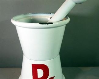 Vintage Enameled Metal RX Mortar And Pestle Pharmacy Display, 22.75" Tall