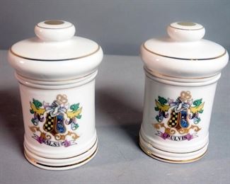 Vintage Porcelain 5.5" Apothecary Jars With Lids, Marked DoM, Qty 2, Salsus And Pulvis