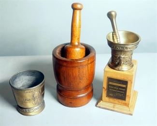 Wood Mortar And Pestle, Mortar Stands At 7" Tall, Daniel B. Smith Commemorative Metal Mortar, 4.25", And Rexall Drug Company Award, 11.5"