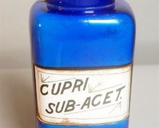 Reverse Glass Label 9.75", Cobalt Blue Apothecary Jar With Stopper, Cupri. Sub-Acet.