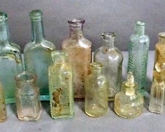 Small Embossed Glass Medicine Bottles, Various Manufacturers, Qty 15