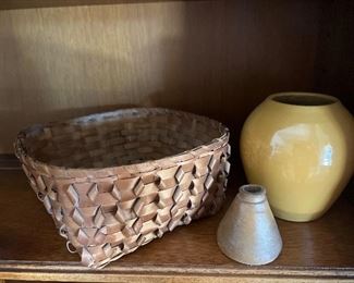 $48.00 for the lot of 3.   Early American Splint Basket, yellow ware vase and red ware ink bottle.  