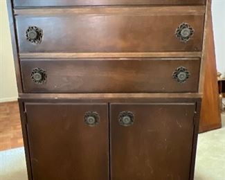 Khoury Bros. Iron Mountain Michigan.
$40.00 for this two piece cabinet set on casters.
The 3 drawers are one piece and the lower cabinet is another piece. nice small size 30” x 17” x 42”.   