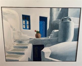  Artist EVELYNE BRIGEOIS (1946-2016) was a self-taught watercolor artist who focused on scenes of the Greek islands. Many pieces listed on 1st dibs & Charish. $2000-$5500.