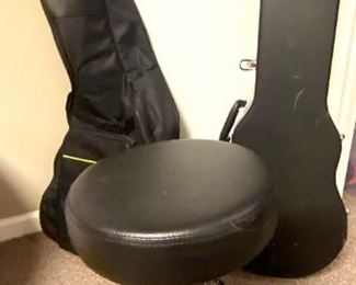 Guitar cases - one soft case and one hard case, each offered for $20. Drummer stool offered for $30