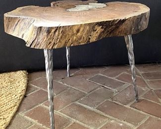 Wood Side Table w/ silver metal Base 23" wide x 22" deep x17 1/2"tall coffee stump table $250